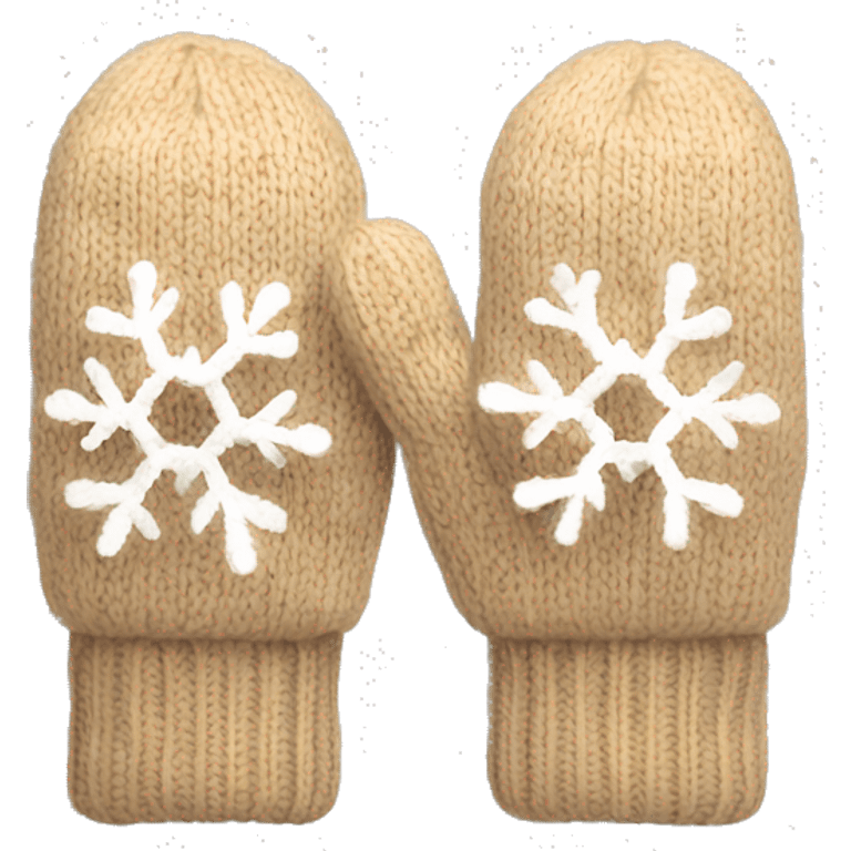 A pair of cozy knitted beige mittens with a snowflake design emoji