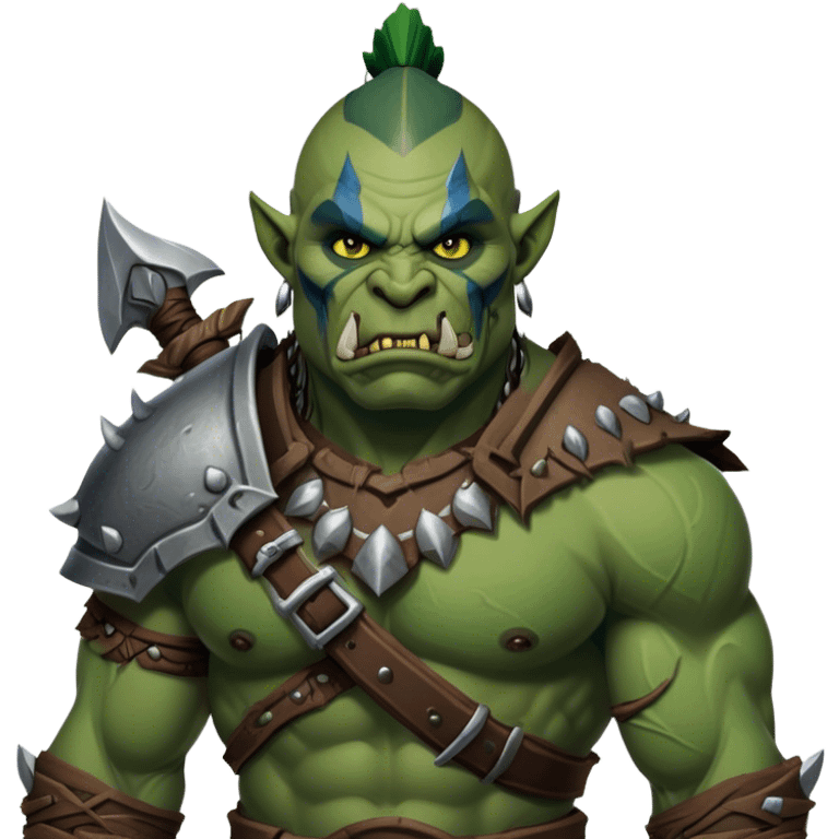 Cinematic Realistic WoW Orc Warrior Portrait, head tilted epicly and inquisitively, showcasing a commanding presence and raw, unyielding power. His battle-hardened green skin and muscular form, accented by meticulously crafted tribal armor in deep earthy hues, are rendered with lifelike clarity and dynamic lighting, high shine, epic and awe-inspiring, embodying the relentless spirit of an orc warrior ready for battle. emoji