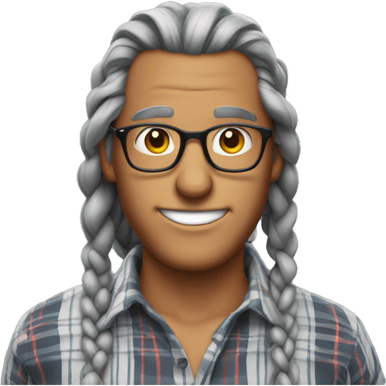 Tanned man, mid 50s with long gray braids with glasses and plaid shirt emoji