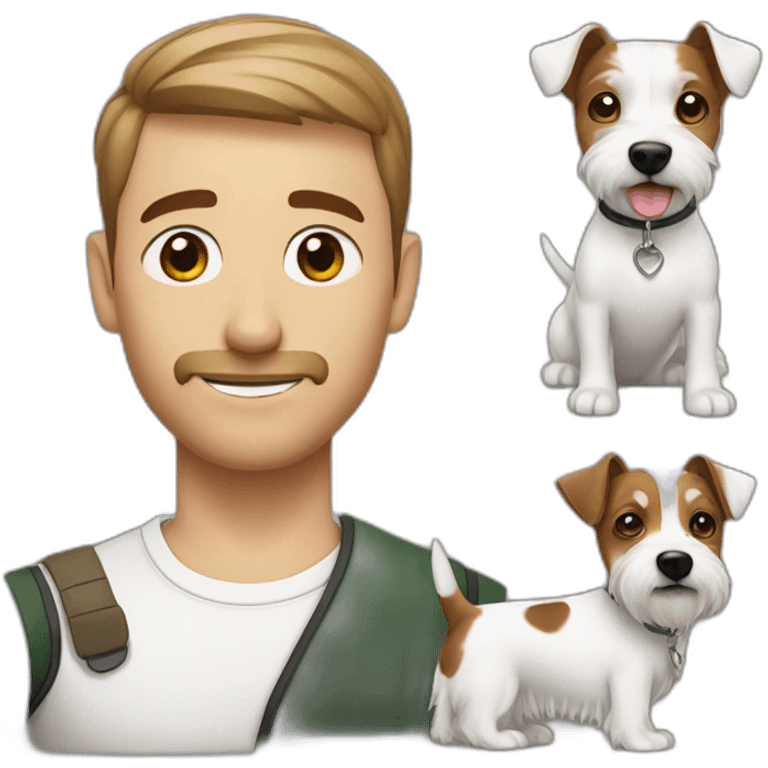 Man with modern hair cut with brown haor with green eyes hair with jack russell terrier dog emoji