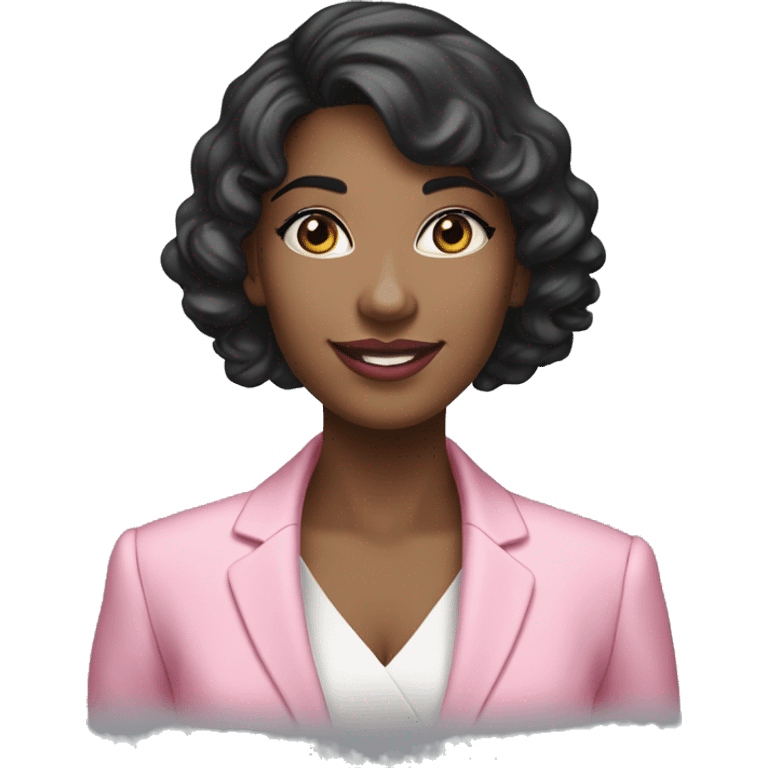 A woman in a standing position, her appearance can be described by the following characteristics: black hair to the shoulders, slightly curly, blue eyes, a beautiful smile and pink gloss on her lips. She is dressed in a formal pink strict suit emoji