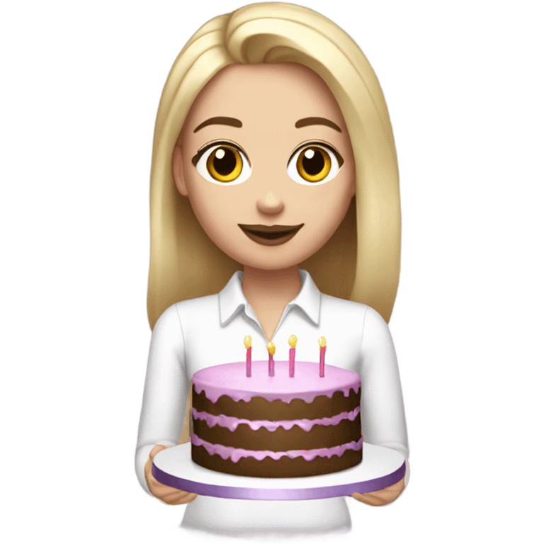 White girl with blonde straight hair, mauve lips, white shirt, birthday cake in hands emoji