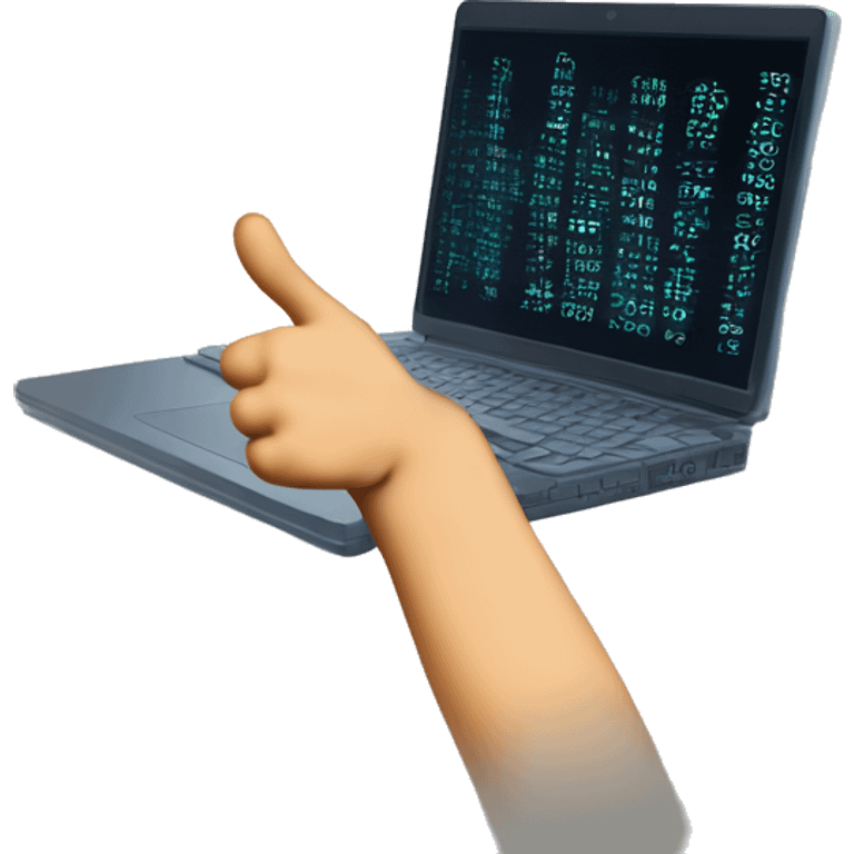 lose-up of a programmer's hand giving a thumbs up gesture. The hand is emerging from a keyboard, with lines of code visible on a blurred computer screen in the background. The overall mood is positive and encouraging. emoji