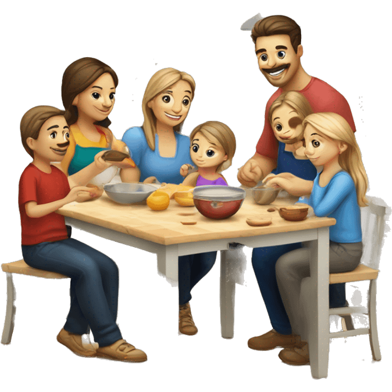 Caucasian family of 8 members preparing breakfast at kitchen  emoji