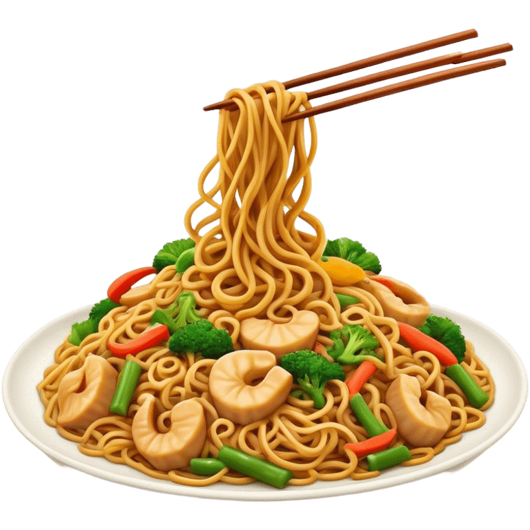 Cinematic Realistic Chow Mein Dish Emoji, showcasing stir‚Äêfried noodles with crisp vegetables and tender meat, rendered with lifelike detail and vibrant, dynamic lighting. emoji