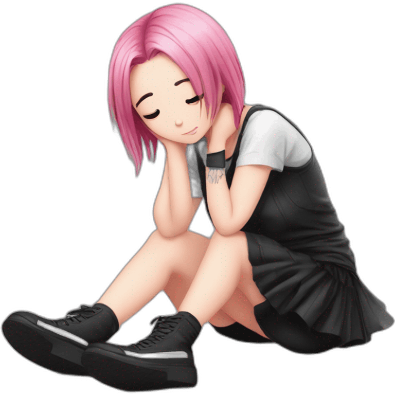 Full body Front view curvy emo girl pink hair sits on the floor straight view hands up black skirt полосатые рваные чулки emoji