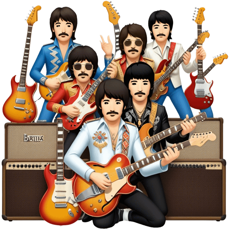 Rock music icon: dynamic collage of global rock legends like The Beatles, Jimi Hendrix, Elvis Presley, Led Zeppelin, Queen, and Nirvana, surrounded by guitars, amplifiers, and stage lights. Symbolizing the energy and power of rock music. Transparent background. emoji