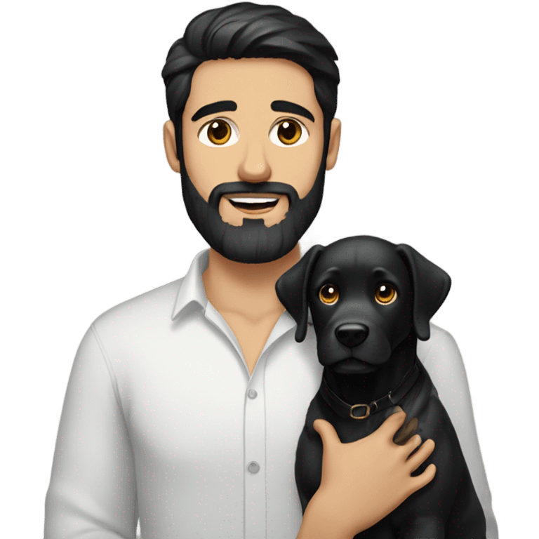 beard man black hair blue eyes holding black Labrador  emoji