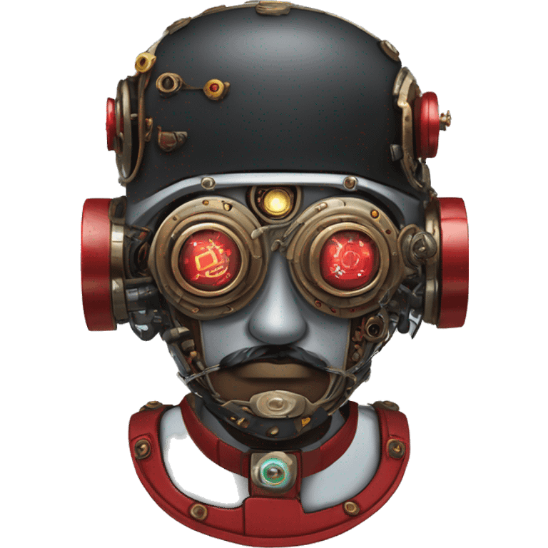 Round cyborg head with red steampunk goggles, black goatee and circuits emoji