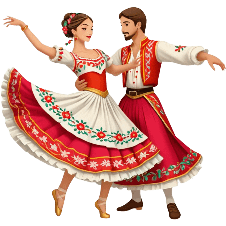 Cinematic Realistic scene of two dancers performing the Tarantella, dressed in vibrant, flowing traditional costumes with detailed embroidery and dynamic skirts, captured in festive motion with warm, lively lighting emoji