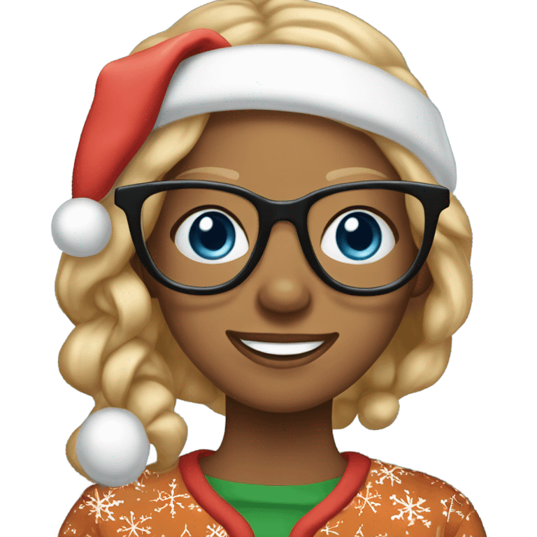 A woman wearing gingerbread Christmas pajamas, pretty, medium blonde hair, blue eyes, glasses, white teeth, freckles emoji