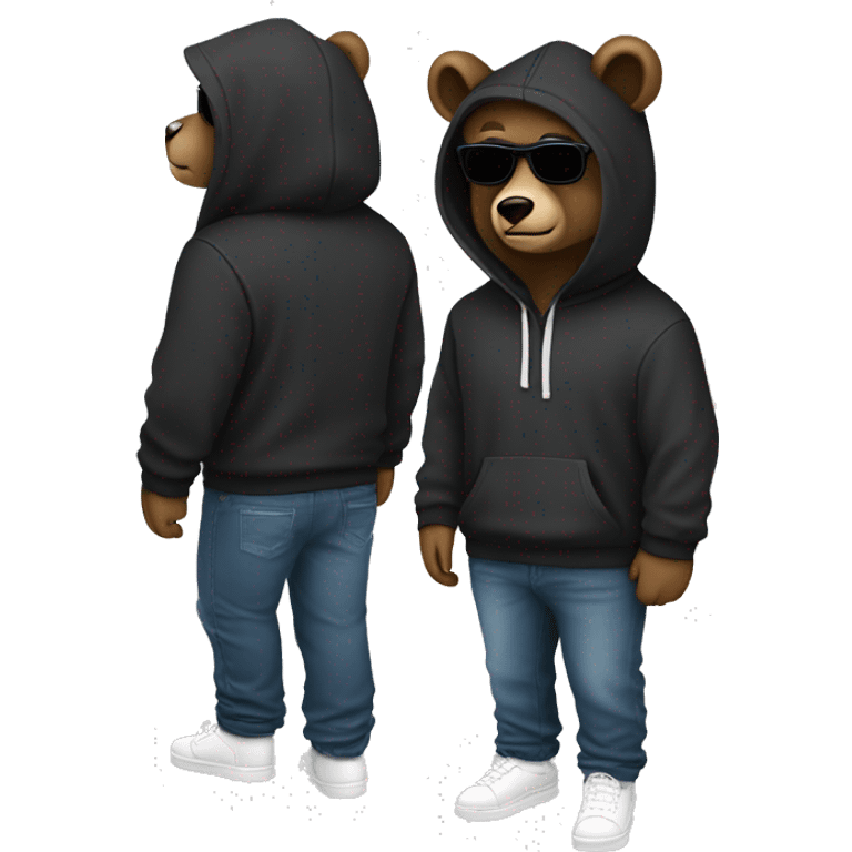 A bear wearing a hoodie and sunglasses with a good three-dimensional effect.Pants, jeans, hood color is black
Slightly wear sunglasses on your nose and make your head look down and your eyes look about two-thirds.
White sneakers emoji