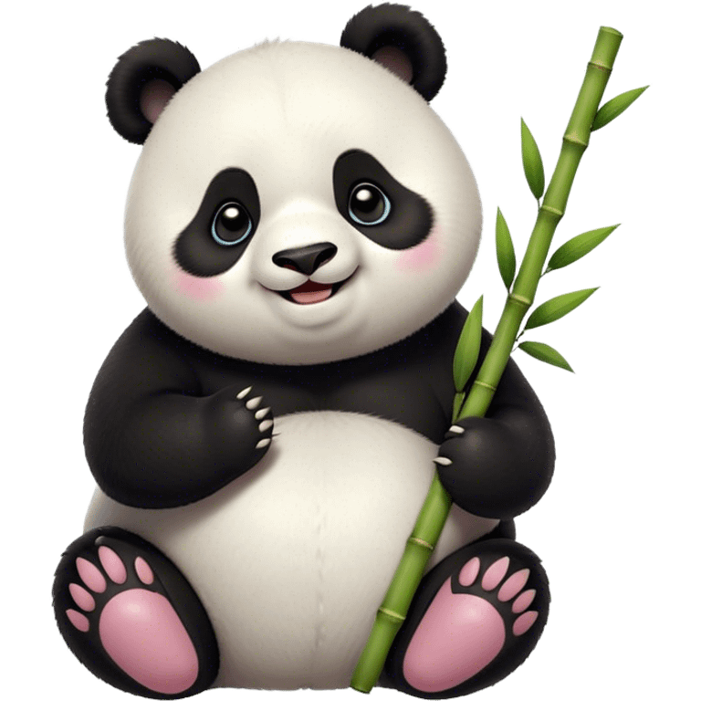 Cinematic smiling chubby panda, fluffy black and white fur, round rosy cheeks, tiny paws holding a bamboo shoot, sparkling eyes full of joy, soft glowing background, irresistibly huggable. emoji