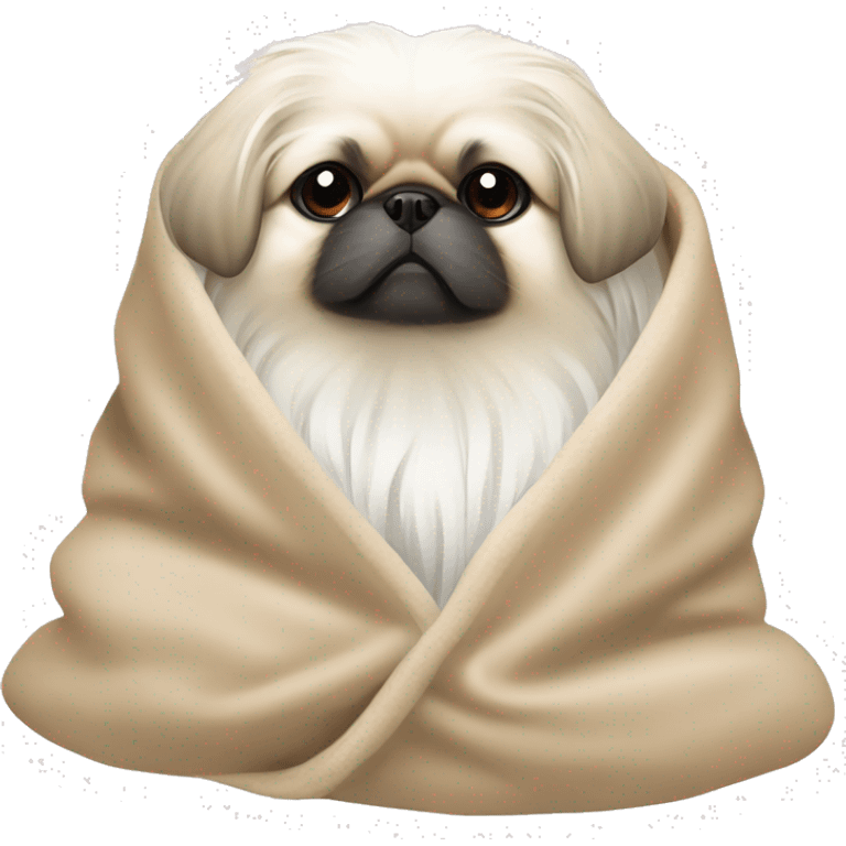 White Pekingese cozy in beige blanket emoji