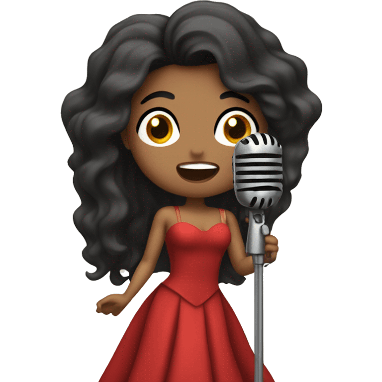 Singer with long dark hair and red dress singing with an old microphone emoji