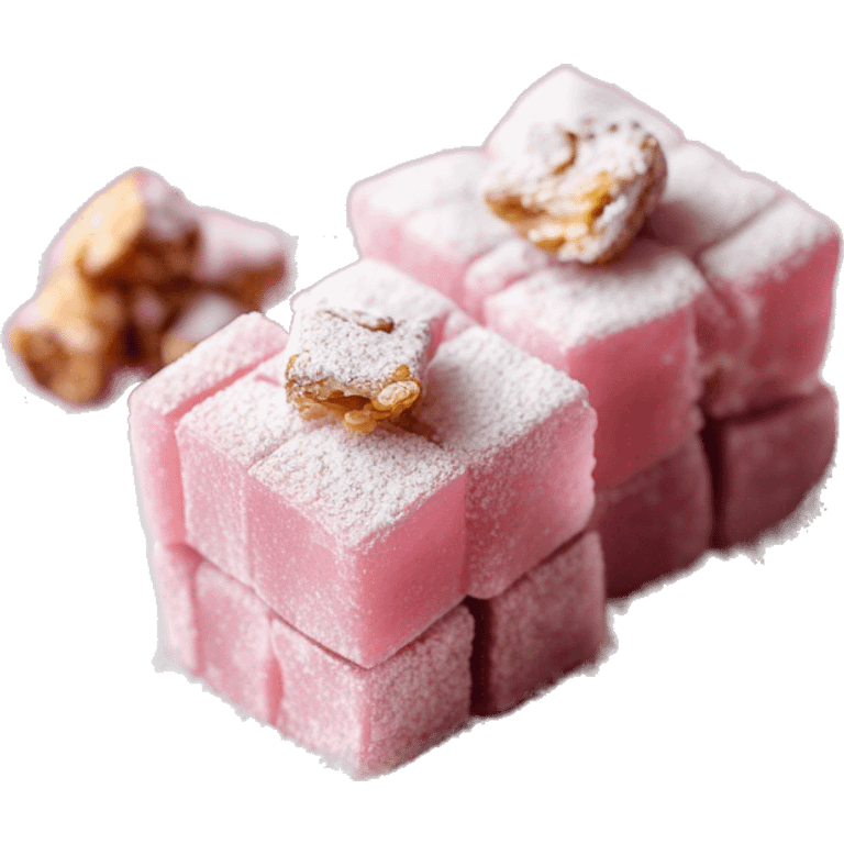 Turkish delight stacked cubes with chopped walnuts and covered with powdered sugar, on a pink porcelain plate emoji