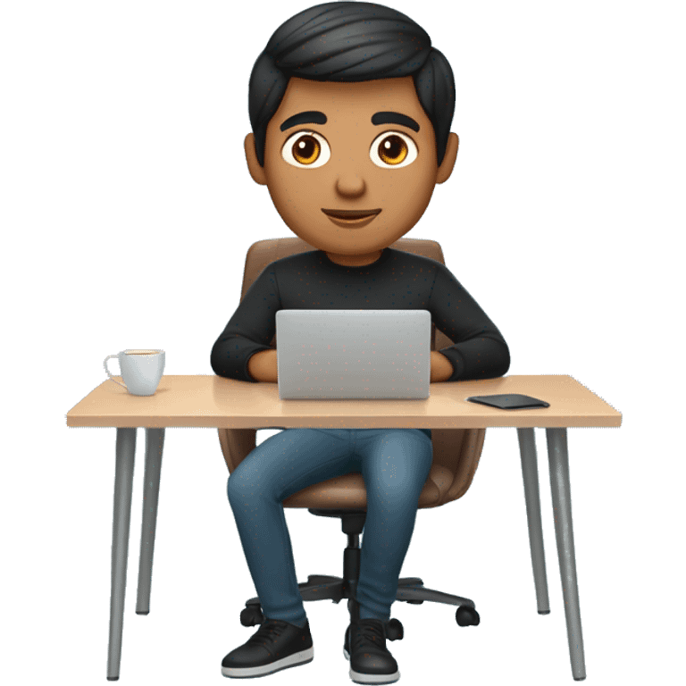     memoji of a man with a laptop in front, apple-style,modern,dark hair,black sweater,computer in hand, Indian brown skin, sitting on his desk with light blue gradient background emoji