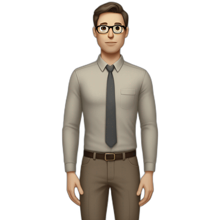 Full height Pale skinned fit man with dark brown hair in gray jacket, beige office shirt, brown tie, brown pants and vintage glasses. His right hand stretched out emoji