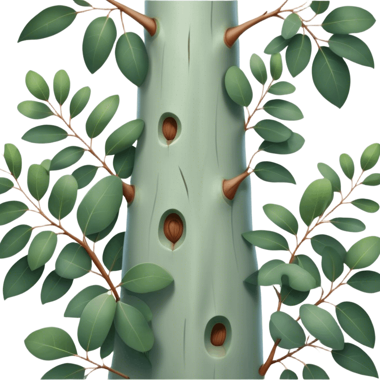 Cinematic Realistic Eucalyptus Emoji, Tall and graceful, with slender trunks covered in smooth, peeling bark and large, fragrant leaves. The eucalyptus trees sway gently in the breeze, releasing a calming aroma that fills the air. Soft glowing outline, capturing the essence of rugged beauty and natural serenity in a tall eucalyptus tree! emoji