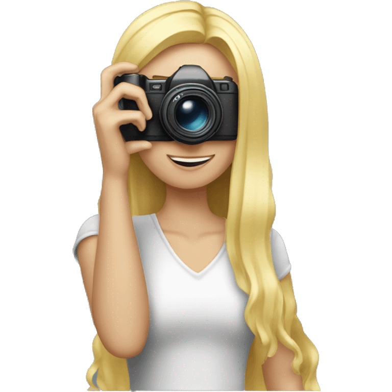 A blonde girl with a camera taking a photo emoji