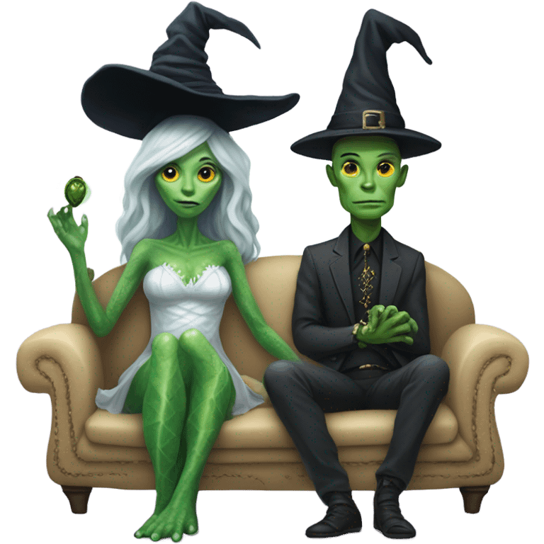 alien reptilian woman as witch, human man in white dress, sitting on a couch  emoji