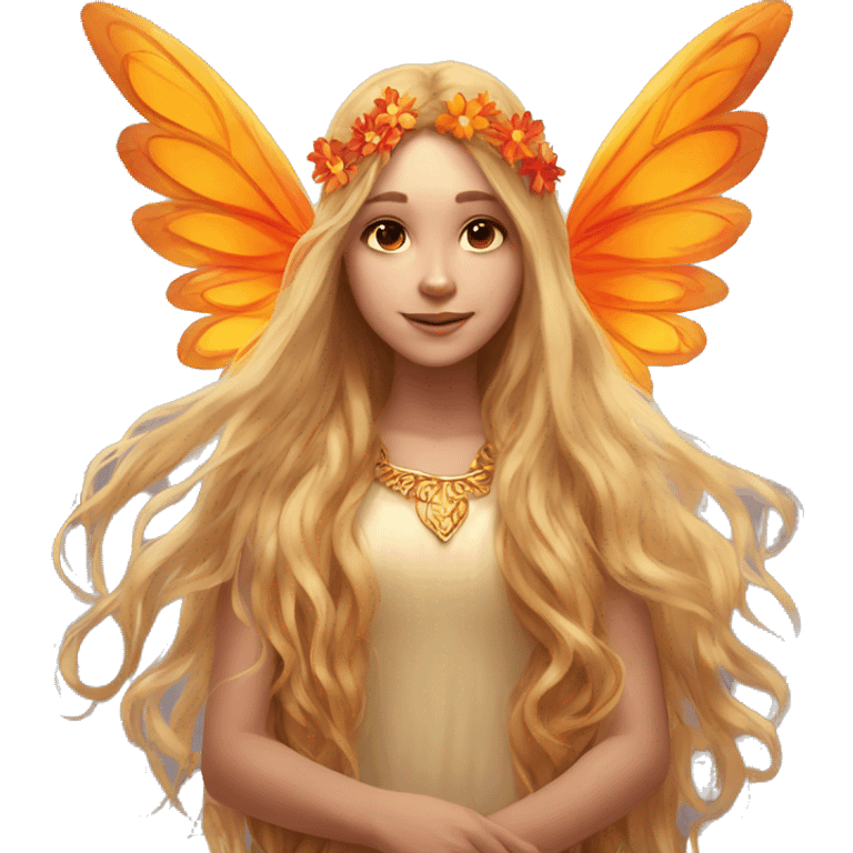 big wings, flower, Beautiful, fairy, gold, orange,red, long hair emoji