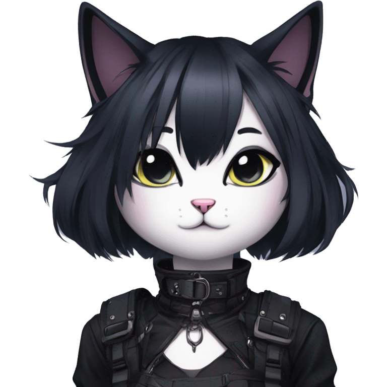 Gorgeous gothic dark techwear anime style anthro cat with blushing face aesthetic and pretty edgy black with collar and harness trending style emoji