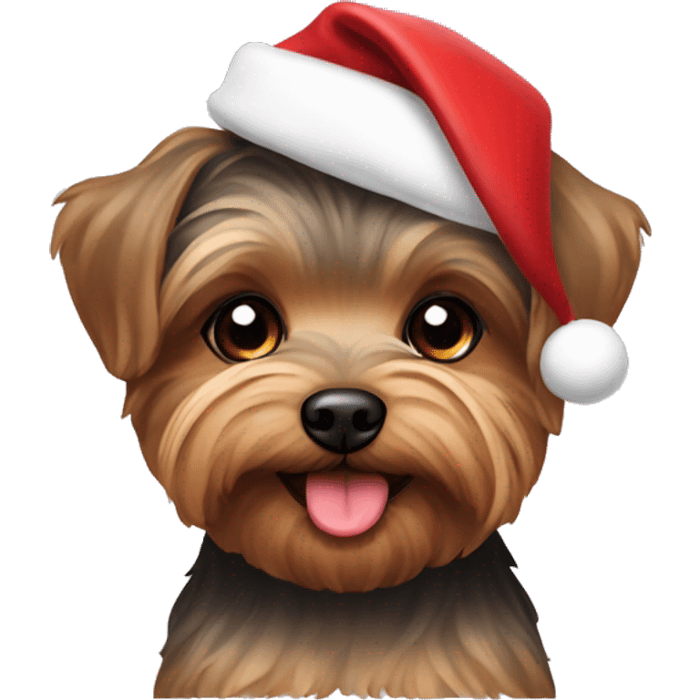 Small brown yorkiepoo wearing Santa hat emoji