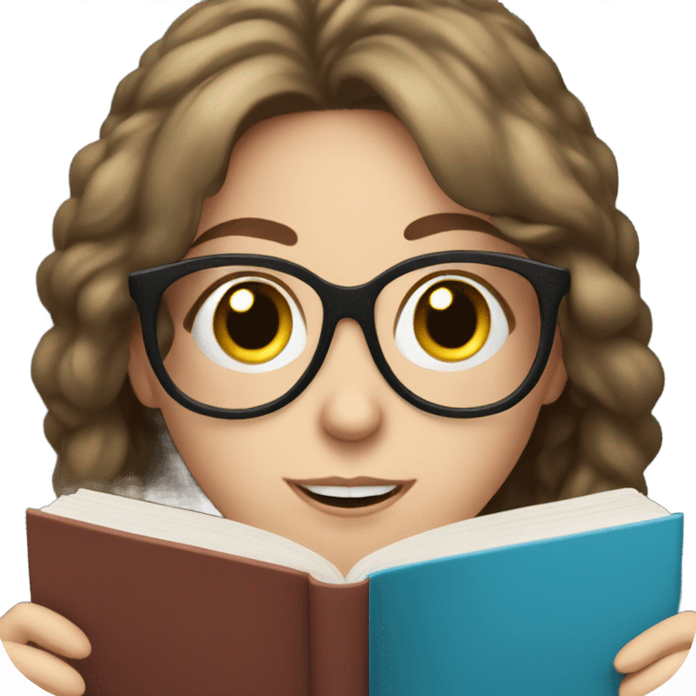 Brunette white girl with blue eyes and glasses, reading a book emoji