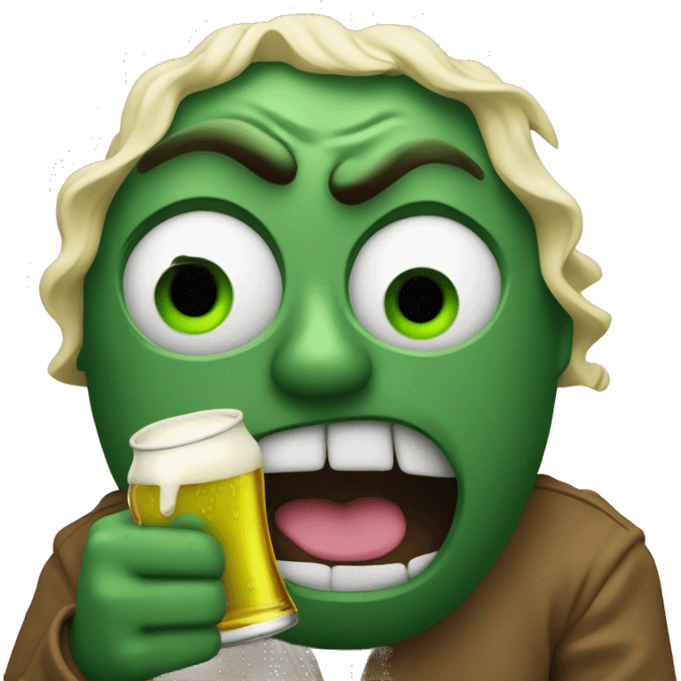 Really wasted emoji with a green face, holding a beer bottle, eyes half-closed, and wavy mouth, looking extremely intoxicated and sick emoji