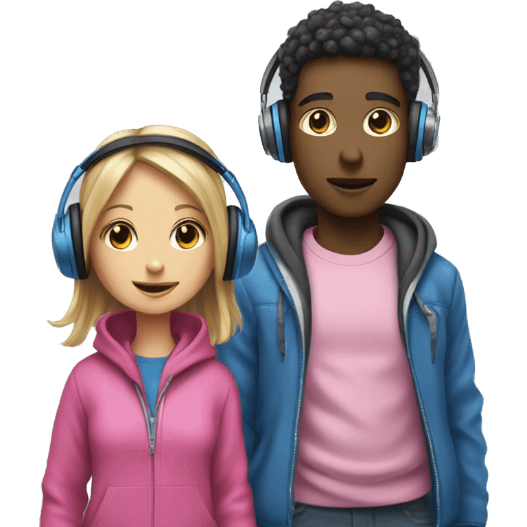 A BOY IN BLU CLOTES AND A GIR I PINK CLOTHE WEARING HEADPHONES emoji