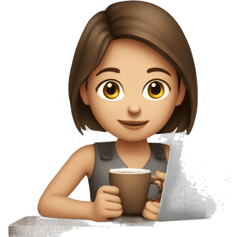 cute girl with brown hair working on laptop and drinking coffee emoji