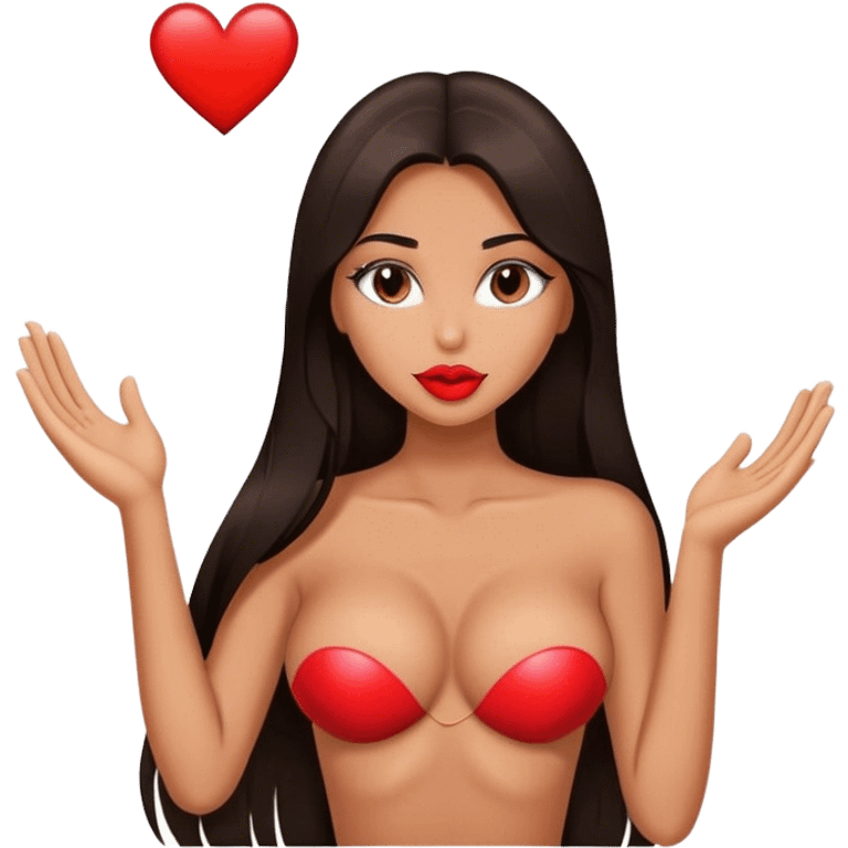 Sexy tanned beautiful girl kiss with pump lips and brunette straight long hair showing heart emoji