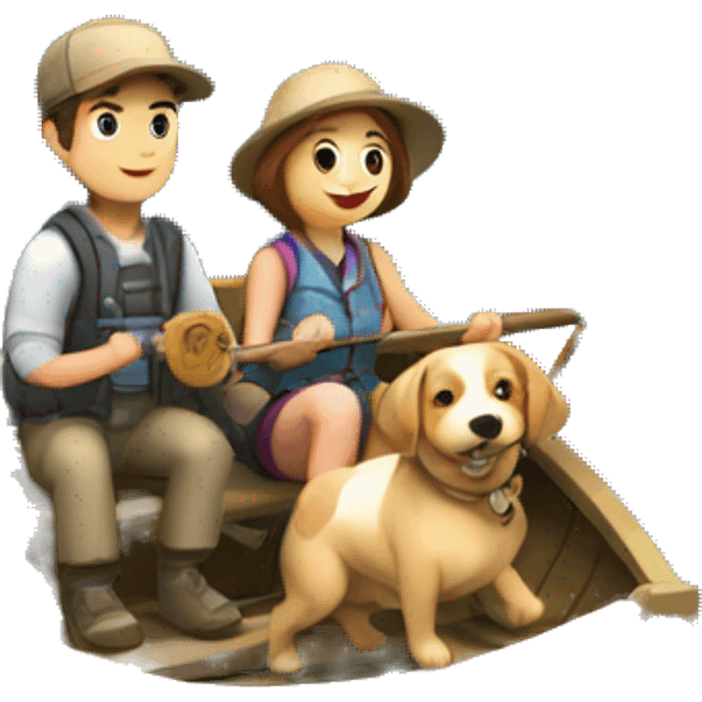 A couple boy and girl fishing together in a boat with a dog emoji