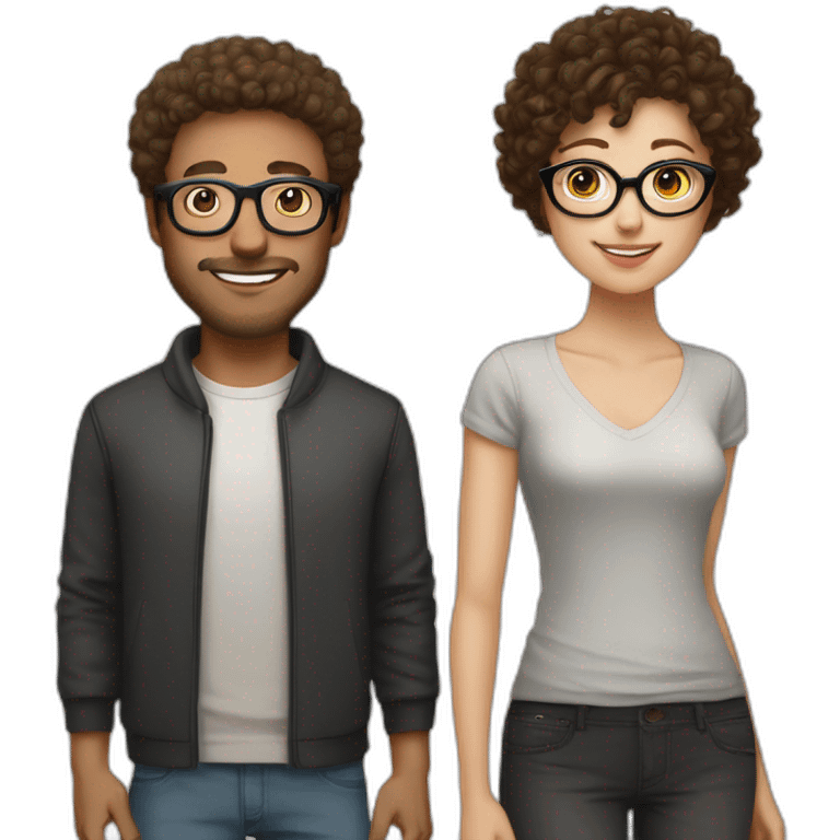 couple, white girl with round silver glasses and really short brown curly hair, tall man with brown round glasses and short curly brown hair emoji