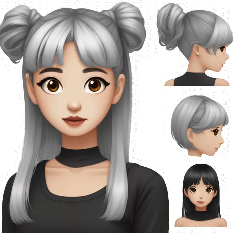 Korean girl, black tank top, black hair, black eyes, layered hair, cool girl, aesthetic, long hair, hime cut, blunt bangs, small silver hoop earrings emoji