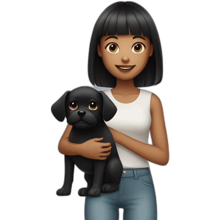 girl with bangs with her pet black little dog emoji