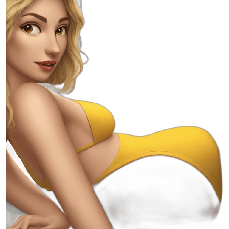 Sexy pose soft-fit Caucasian woman yellow bikini (beach body) bed realistic emoji