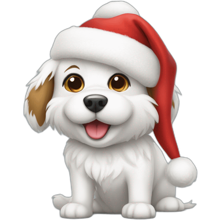 furry white happy dog with christmas hat emoji