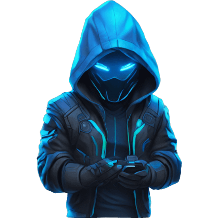 developer behind his laptop with this style : crysis Cyberpunk Riot Games Valorant neon glowing bright blue character blue black hooded assassin themed character emoji