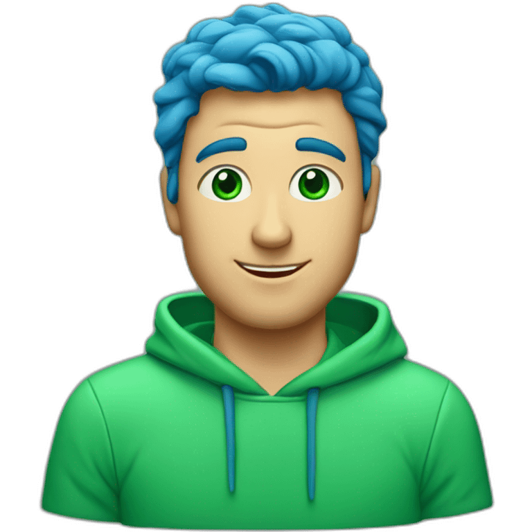 a man, green eyes, blue sweatshirt, green rubies on his head, waves hello emoji