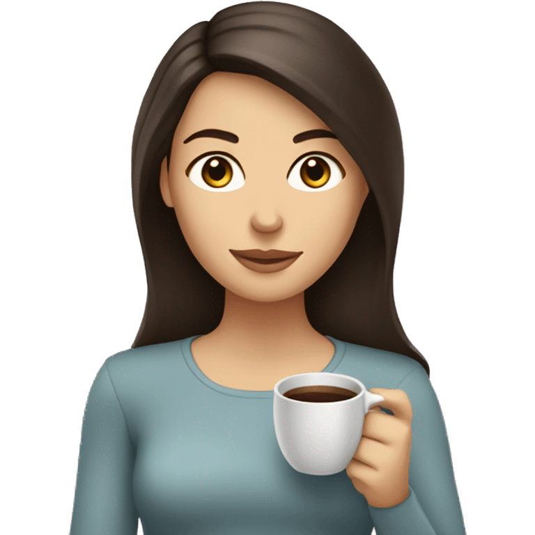 Caucasian woman, medium straight dark brown hair and dark brown eyes. Drinking coffee. emoji