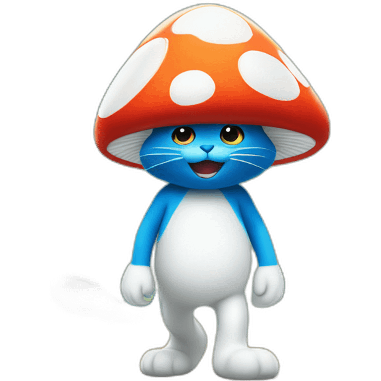 Smurf the cat walks through the forest with white pants and a white hat in the shape of a mushroom emoji