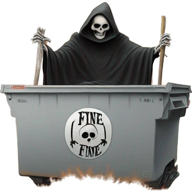 Grim Reaper sitting on a dumpster that's on fire, the dumpster has a sign on it that says Everything Is Fine emoji