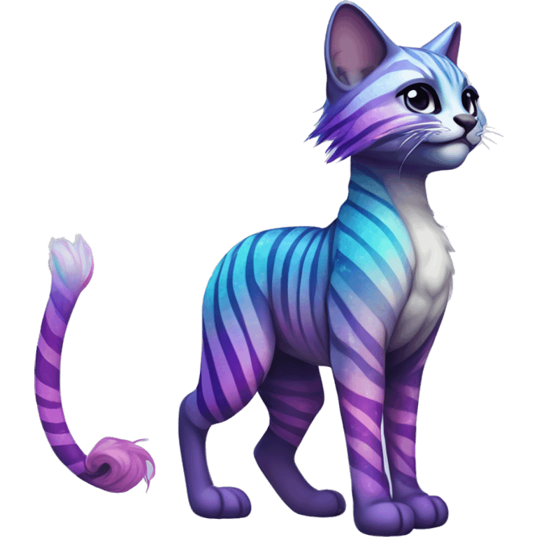 Colorful vernid fantasy creature LiLaiRa Kamirah Falvie whiskers paws full body sparkle purple blue gradient stripes braided tail feline emoji