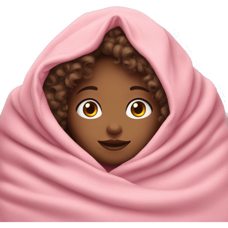 girl with curly hair and fair skin cozied in a pink blanket emoji