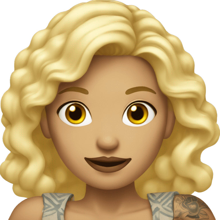 Blonde women in mini dress with tattoos on the body everywhere, and her hand pointing forward emoji