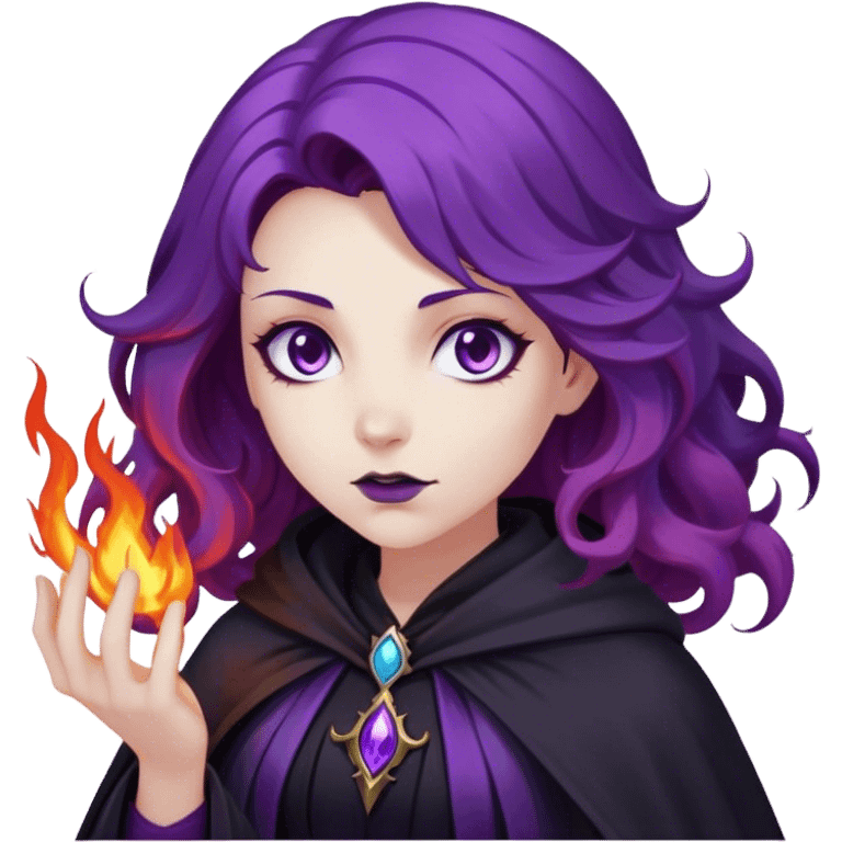 A dark sorceress with wavy purple hair, wearing a black cloak, summoning violet flames emoji