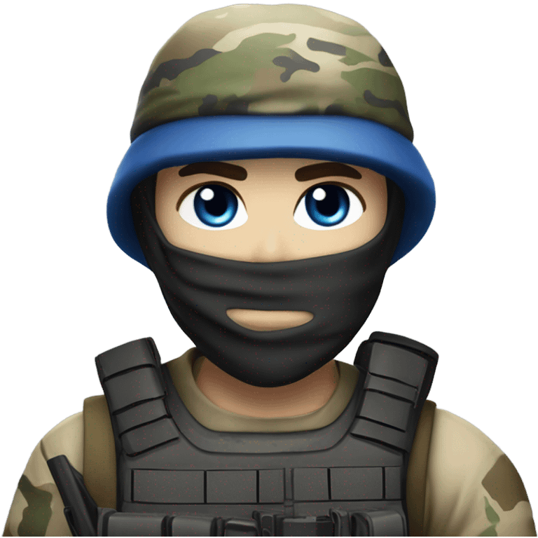 male, pale skin, call of duty face mask, camo tactical gear, combat boots, black beanie, blue eyes emoji