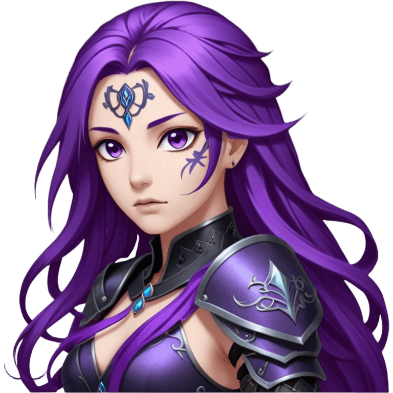 A mysterious warrior girl with long, flowing purple hair cascading down her back, strands catching the dim light like silk. Her piercing violet eyes glow. She wears sleek black armor, a perfect fusion of elegance and lethality, adorned with intricate silver engravings resembling ancient runes.  emoji